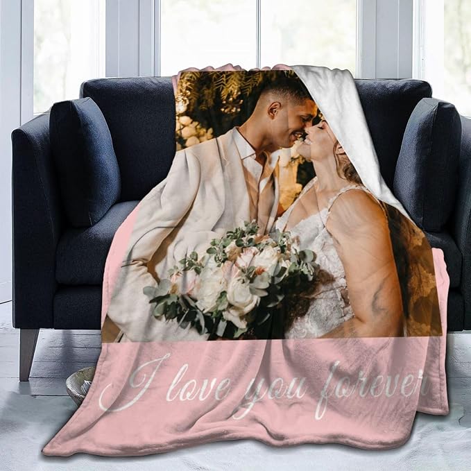 Custom Blanket with Picture Text, Personalized 1 Photo Blanket, HD Printing Customized Flannel Throw Blanket Gifts for Mom Dad Couple Girlfriend Boyfriend Wife Husband Christmas Wedding Gift