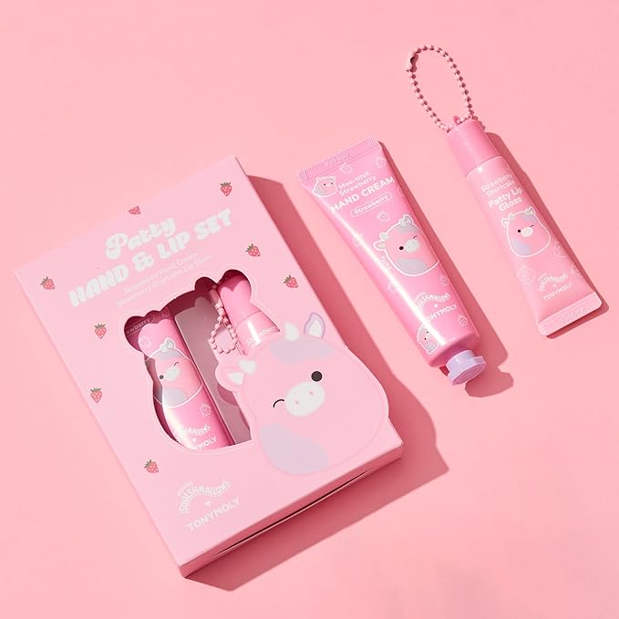 TONYMOLY x Squishmallows Patty the Cow 2-Piece Skincare & Beauty Gift Set – Strawberry Hand Cream & Strawberry Shortcake Lip Gloss – Cute Korean Skincare Gift