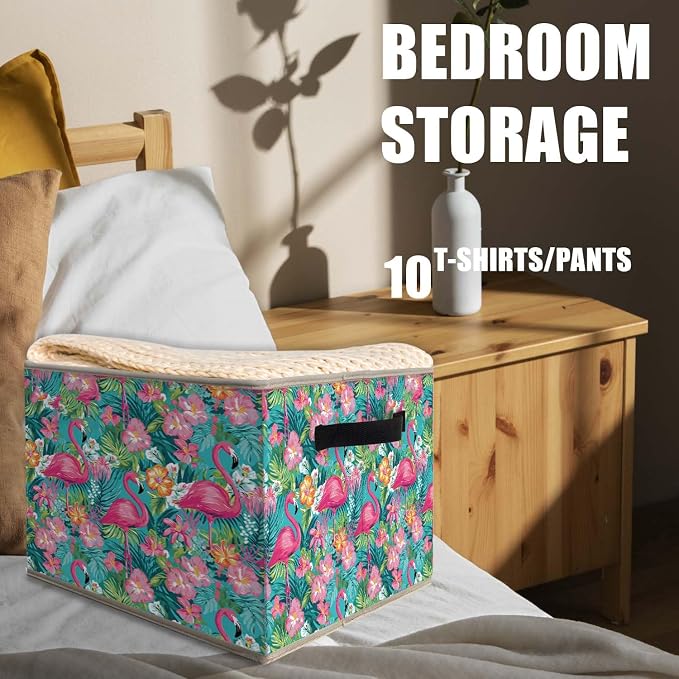 Pink Floral Flamingo Storage Bins Basket, Flamingo Gifts for Women Girls, Tropical Botanical Collapsible Fabric Storage Box Organizer Toybox for Bedroom Bathroom Clothes Books Toys