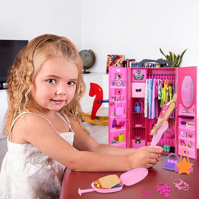 Ecore Fun Fashion Doll Closet Wardrobe for Doll Clothes and Accessories Storage - Lot 102 Items Include Clothes, Dresses, Shoes, Bags, Necklace, Shoes Rack, Hangers for 11.5 Inch Girl Doll Clothes