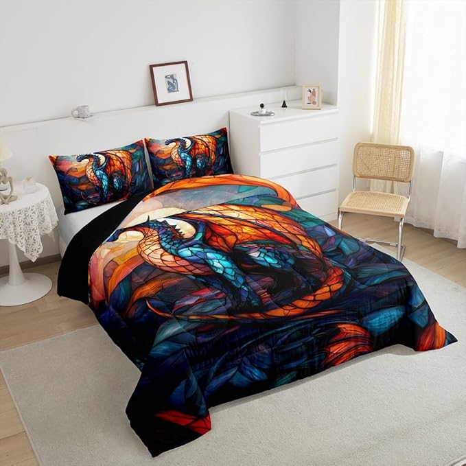 Feelyou Dragon Comforter Set Full Size Dragon Stuff Comforter for Boys Girls Teens Wild Life Bedding Set Orange Blue Duvet Set Room Decor Quilt Set