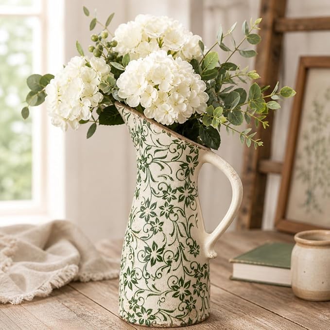 10" Farmhouse Pitcher Vase – Tuscan Green Scroll Ceramic Vase with Handle, Vintage Floral Decorative Jug for Kitchen Counter, Table, Mantel Decor