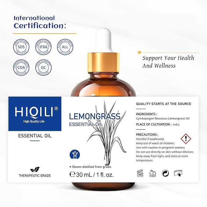 HIQILI Essential Oil - Lemongrass - 1.01 Fl. Oz | Used For Protective Spray and Cleanses Skin, Ideal For Outdoor Use & Salons - 30mL / 1.01 fl oz