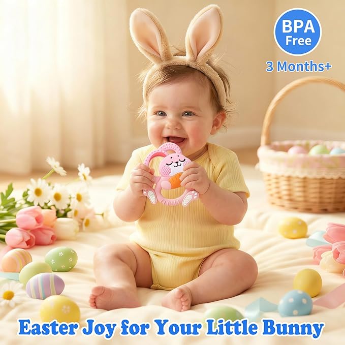 Easter Baby Teething Toys for 3+ Months, Silicone Bunny Rabbit Teether for Babies 3 6 9 12 Months, Teething Relief, Easter Basket Stuffer Essential, Pink Sensory Toy Gifts Girls