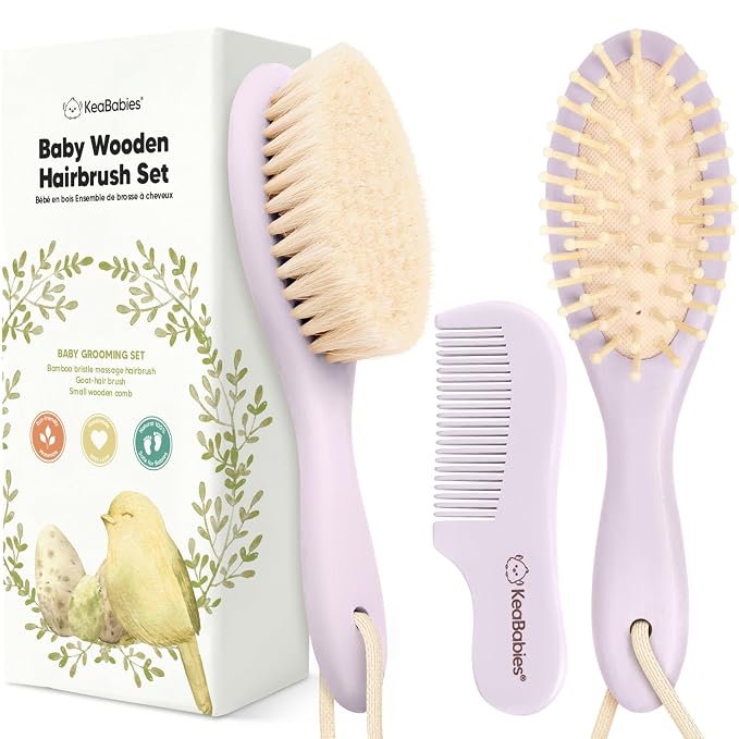 Wooden Baby Hair Brush Set for Newborns, Toddlers - Soft Goat Bristle Baby Brush and Comb Set Newborn Grooming Kit for Cradle Cap Care, Durable & Gentle, Boy, Girl Infant Essentials (Regular, Thistle)