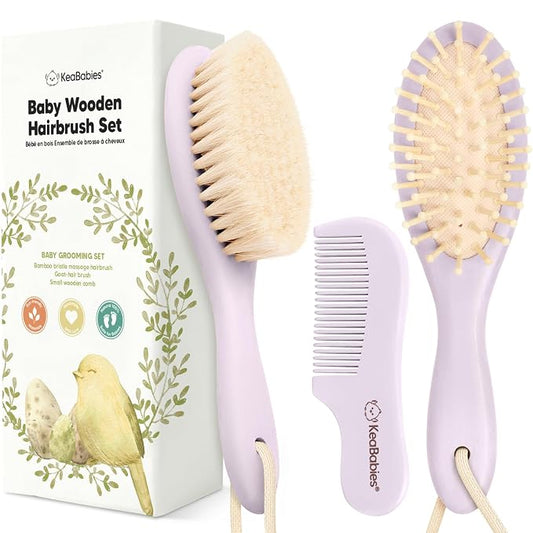 Wooden Baby Hair Brush Set for Newborns, Toddlers - Soft Goat Bristle Baby Brush and Comb Set Newborn Grooming Kit for Cradle Cap Care, Durable & Gentle, Boy, Girl Infant Essentials (Regular, Thistle)