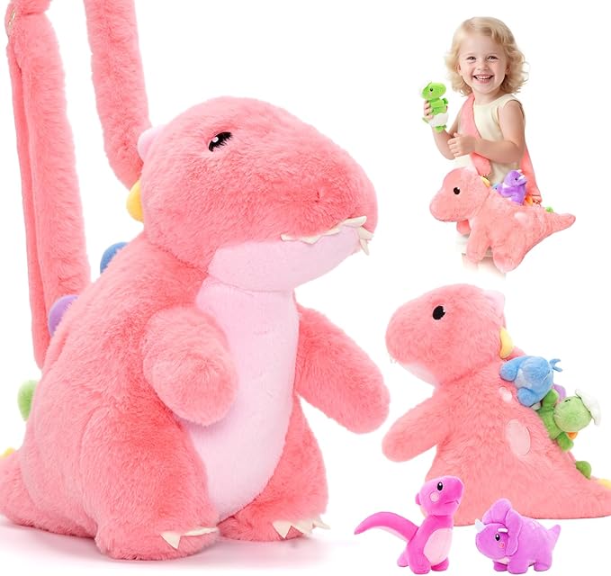 OUOZZZ Pink Dinosaurs Stuffed Animals with 4 Babies Inside - Girl Dinosaur Toy for Girls Dinosaur Plush Birthday Toddler with Shoulder Strap