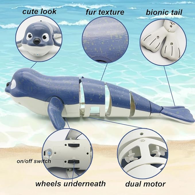 Pool Toys Amphibious Remote Control Lazy Seal 2.4Ghz Rechargeable Battery Cute Toys Robot Fish Remote Control Shark Car Bath Toys Interactive Crawling Toys for Toddler Kids 3,4,5 Years Old Boys Girls