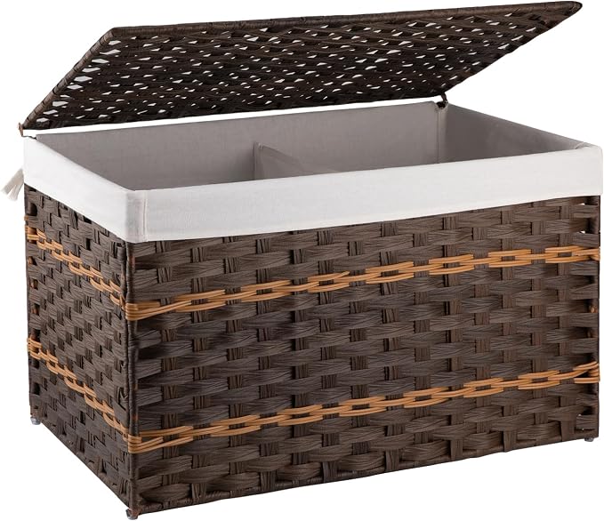OIAHOMY Storage Basket with Lid, 27.7 Gallon (105L) Blanket Basket with Removable Liner Bag, Synthetic Wicker Hamper with Handle, Hamper for Living Room, Brown