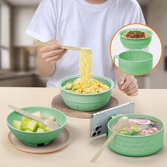 Ramen Cooker,32oz Ramen Bowl Set,Microwave Ramen Bowl, Microwave Bowl with Lid, Portable Noodle Bowls,for Home Office Dorm Room College gift (Green)