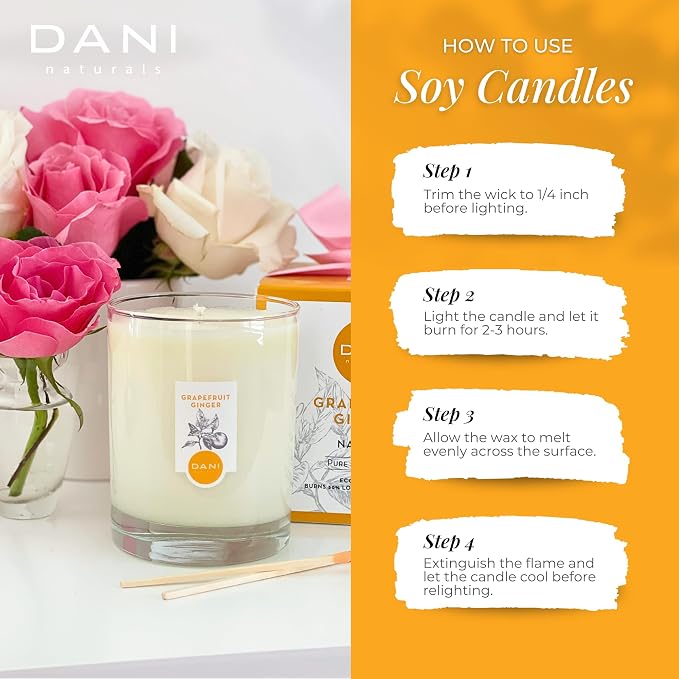 DANI Naturals Grapefruit Ginger 100% Soy Wax Candle, Non-Toxic, 7.5oz | Vegan,soy wax candle,Clean-burning with organic cotton wick,Energizing grapefruit ginger scent,Made in USA