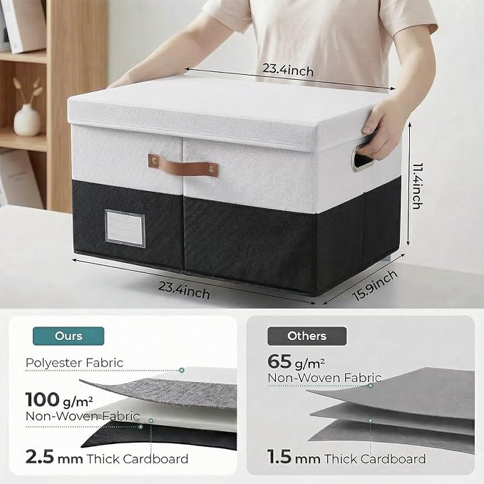 Storage Bins with Lids [3-Pack] Linen Fabric Foldable Storage Boxes Organizer Containers Baskets Cube with Cover for Bedroom Closet Office Grey&Black (23.4X15.9X11.4)