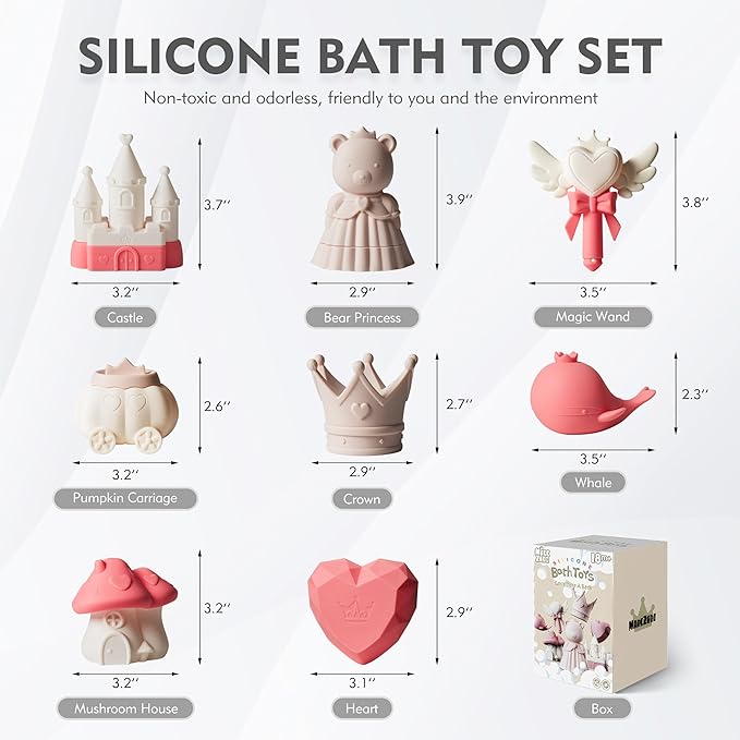 MarcZero Princess Silicone Bath Toys 8Pcs for Toddlers Kids Babies,Bathtub Water Toys,Soft Squeezable Easy-Grip Pool Toys Set (Peach Pink)