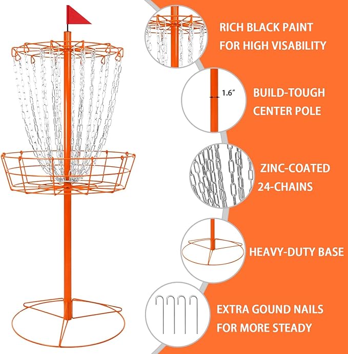 TARUMG Disc Golf Basket - Portable Disc Golf Target with Heavy Duty 24-Chains Come with Transit Bag and 3pcs Disc Golf Discs, Ground Stake -Suitable for Players of All Levels - Multi Color Available