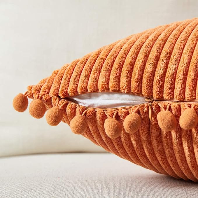Fancy Homi Pack of 2 Corduroy Fall Decorative Throw Pillow Covers with Pom-poms, Solid Square Cushion Case Pillow Cases Set for Couch Sofa Bedroom Car Living Room (20x20 Inch/50x50 cm, Orange)