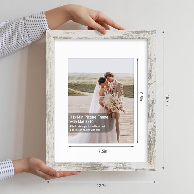 Hongkee 11x14 Picture Frame Set of 4, Made of Glass and Distressed White Wooden Frame, Display 8x10 Pictures with Mat or 11 x 14 Posters without Mat for Wall Mounting, Gallery Photo Frames