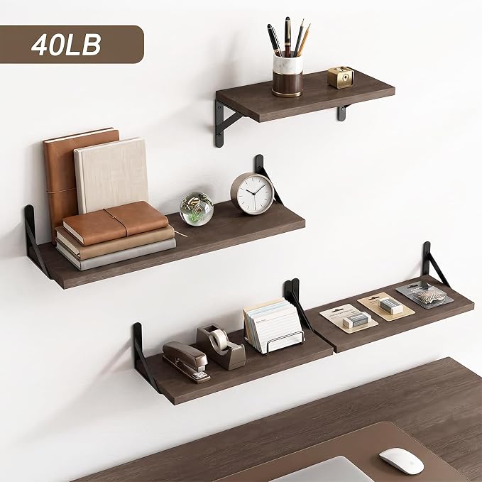 YGEOMER Floating Shelves for Wall, Different Sizes Walnut Wall Shelves for Living Room, Bathroom, Bedroom, Kitchen, Home Decor (Set of 4)