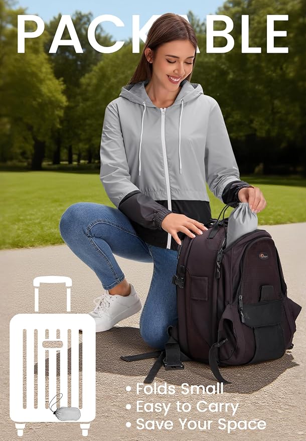 Zando Lightweight Rain Jacket Women Packable Waterproof Raincoat with Hood | Windbreaker Jacket Women, Light Raincoats for Drizzle, Rain Coats for Travel, Hiking and Commute