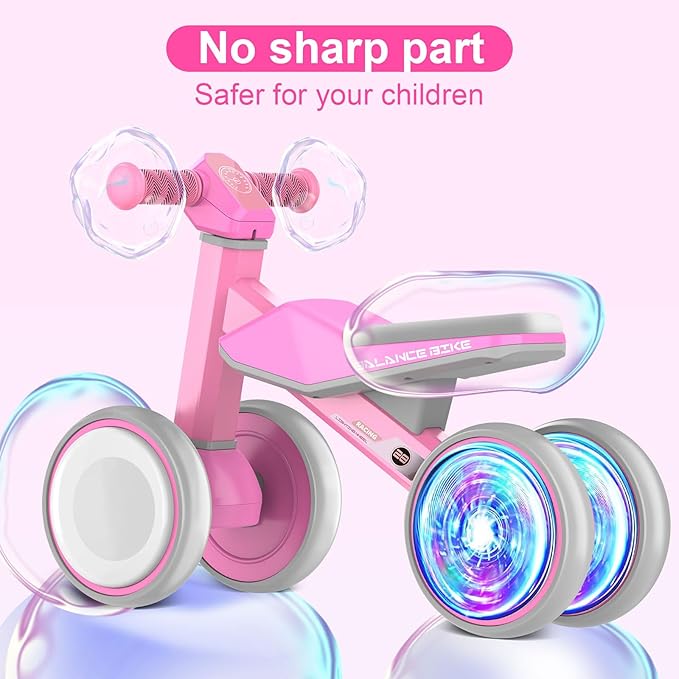 Colorful Lighting Baby Balance Bike Toys for 1 Year Old Girls Gifts, Toddler First Bike 12-24 Months with Adjustable Soft Seat, 4 Silent Wheels Ride on Toy, Perfect First Birthday Gift