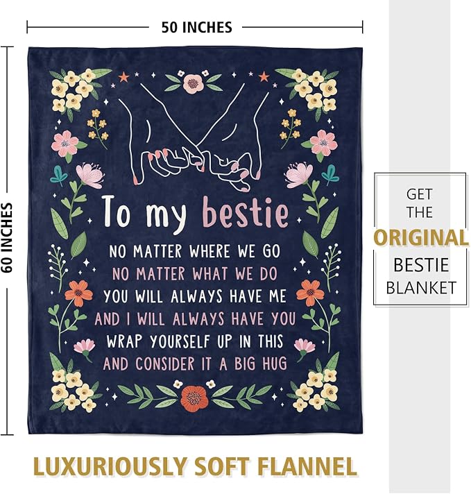 Best Friend Birthday Gifts for Women, Bestie Blanket Blue, 60" x 50" | Friendship Gifts for Women, Best Friend Blanket Gift, to My Bestie Flannel Throw Blanket for Christmas