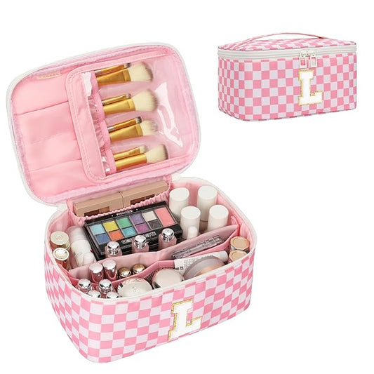 OCHEAL Makeup Bag Valentines Day Gifts for Women, Monogram Cosmetic Bag Pink Travel Makeup Case Beauty Toiletry Bag Organizer Personalized Gifts for Girls Bridesmaid, Sister, Wife, Friends Initial L