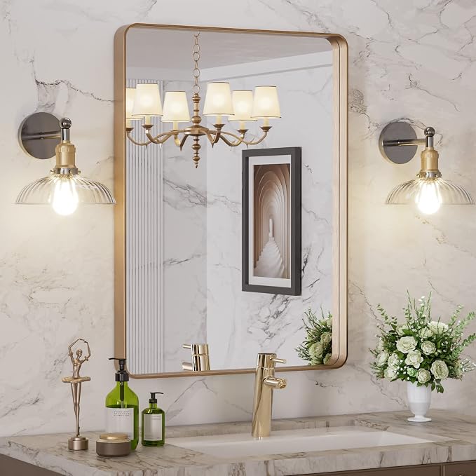 LOAAO 22"X30" Gold Bathroom Mirror | Rounded Rectangle, Brushed Gold Frame, Wall-Mounted, Anti-Rust, Hangs Horizontally or Vertically