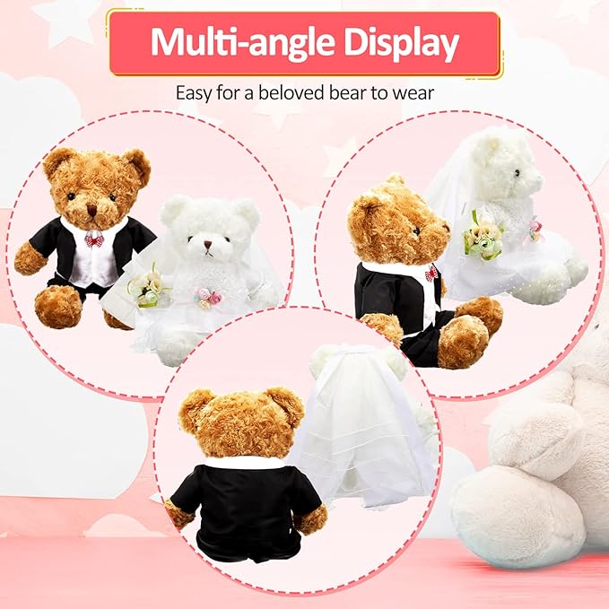Civaner 2 Sets Bear Clothes Include Outfits of Groom's Tuxedo Suit and Bridal Dress Set, The Bear is Not Included, Suitable for 14-16 Inch Stuffed Animal Clothes