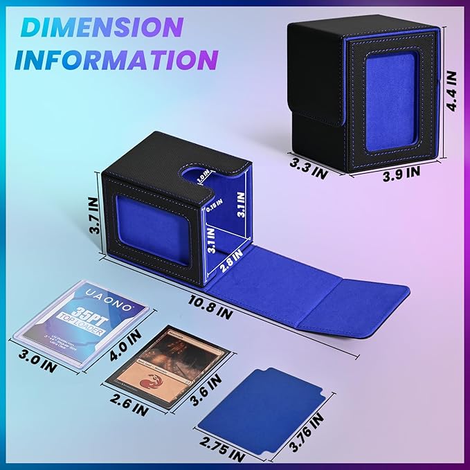 UAONO Card Deck Box with MTG Commander Display, Deck Case Holds 100+ Double-Sleeved Cards, Trading Card Storage Box Fits TCG/PTCG/Sports Card with 2 Dividers, 1 Top Loaders (Black, Blue)