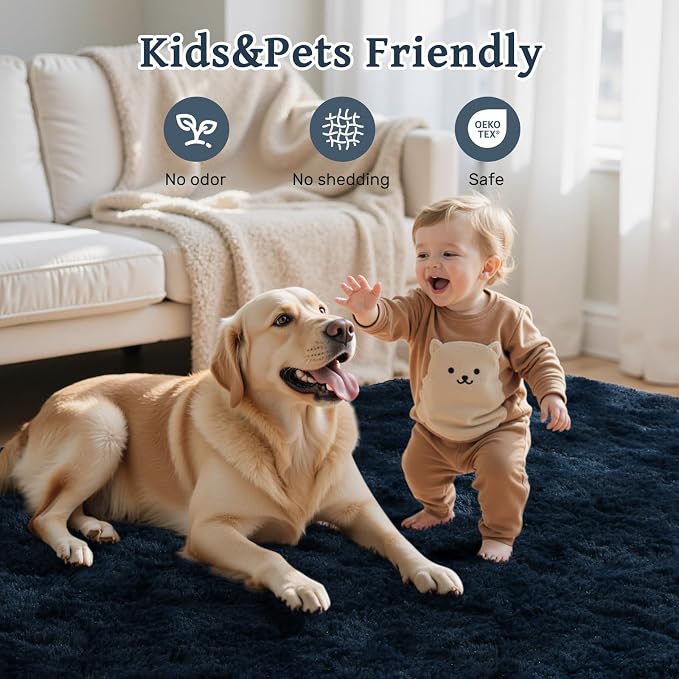 6x9 Fluffy Area Rug Blue Rugs for Living Room,Plush Soft Navy Blue Shag Carpet for Bedroom Boys Book Room Nursery Kids Playroom Dorm Decor