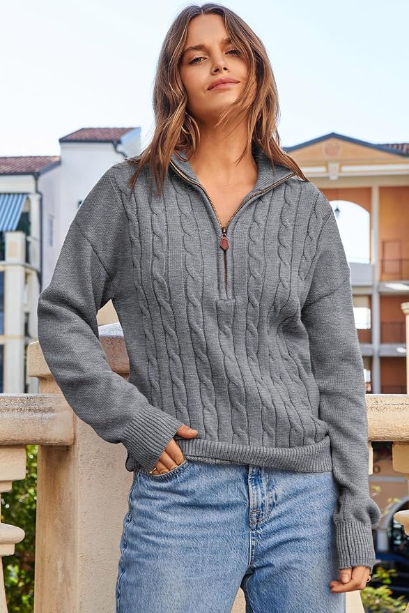 Dokotoo Women's Sweaters 2026 Fall Winter Quarter Zip Ribbed Cable Knit | Long Sleeve,Polo Neck,Lightweight Knit Pullover,Soft Comfy Tops,Casual Trendy Outfits,Fashion Clothing