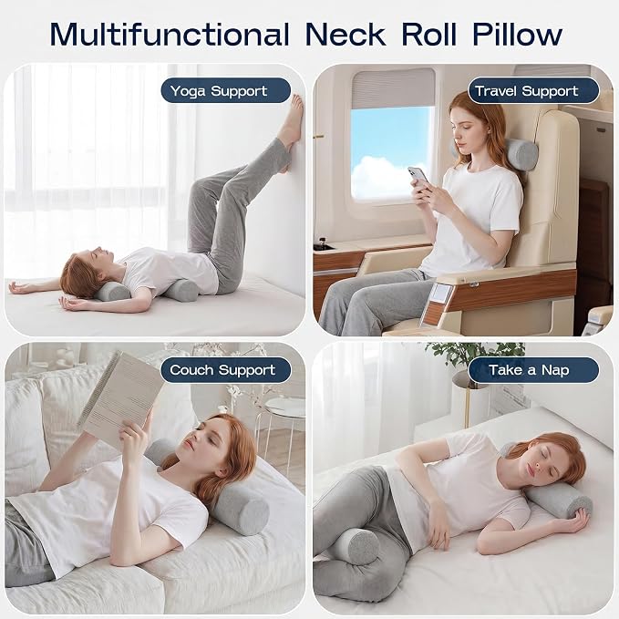 Neck Roll Pillow, Memory Foam Neck Support Pillows, Round Neck Pillows, Cylinder Bolster Pillows for Bed, Couch, and Yoga, Removable Washable Cover,18 * 4 * 4 inch (Small,Grey)