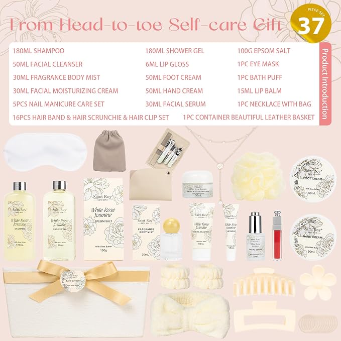 37Pcs Spa Gifts, WHITE ROSE JASMINE Bath & Body Gift Basket, Face Skin Kit | Home Spa Gift Set for Women, Self-Care Kit, Beauty Care Kit, Spa Bath Kit with Necklace, Birthday, Christmas, Anniversary