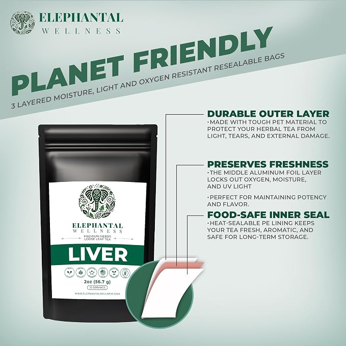 Elephantal Wellness Liver Herbal Tea – Supports Liver Detox, Repair & Resilience | Milk Thistle, Artichoke Leaf, Dandelion Root & Burdock | Caffeine-Free Loose Leaf Herbal Tea – 2oz, 20 Servings