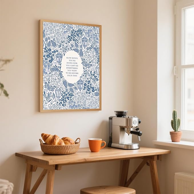 Slow Down You're Doing Fine Music Poster Motivational Song Lyric Blue Wall Art Vintage Positive Quote Daily Reminder Floral Canvas Print for Office Bedroom Home Decor 8x12inch Wooden Framed