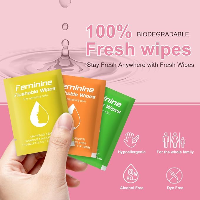 twoworld 30 Feminine Wipes Flushable Travel Individually Wrapped | Travel Wipes for Women,Feminine Care Wet Wipes Travel Size Vaginal Wipes for Adult,Girl and Homeless(Lemon,Cucumber,Lavender)