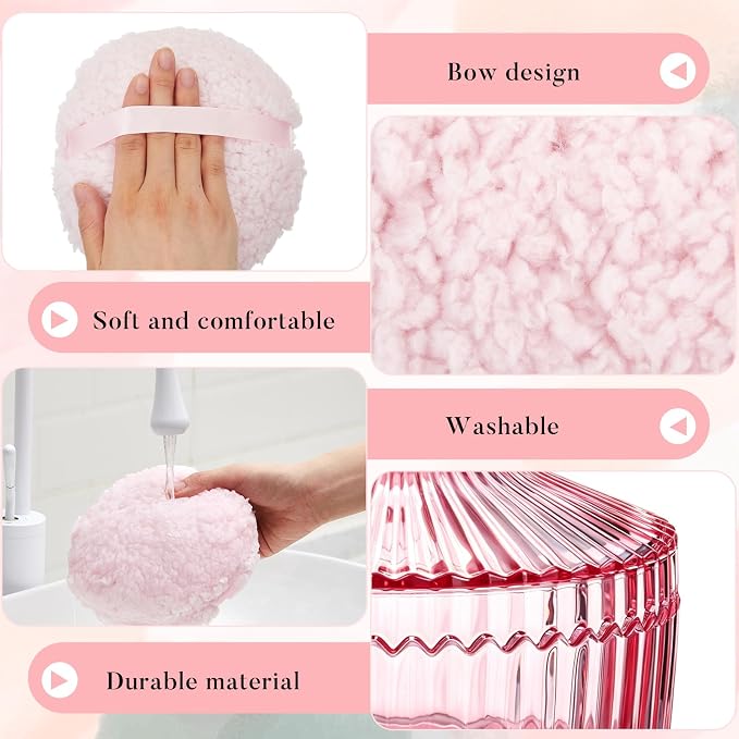 Tioncy 2 Set Extra Large Body Powder Puff and Container, 6'' Washable Vintage Decorative Crystal Powder & Container Gift for Bathroom Counter & Feminine Vanity Decor(Classic,Pink and Clear)