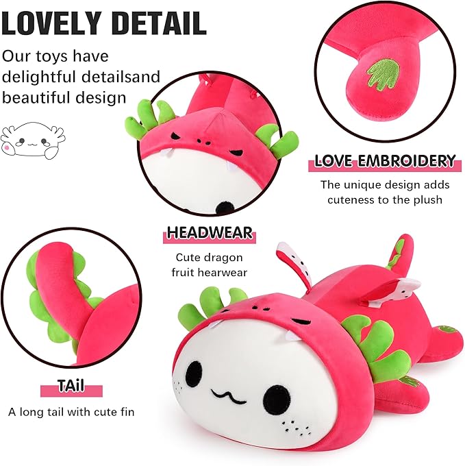 Onsoyours Cute Axolotl Dragon Fruit Plush, 19" Soft Large Stuffed Animals Big Axolotl Pitaya Plush Pillow, Kawaii Plushie Toy for Kids (Axolotl Dragonfruit B, 19")