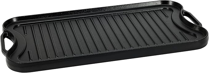 Amazon Basics Pre-Seasoned Cast Iron Reversible Rectangular Grill/Griddle with Even Heat Distribution, Black, 20 x 10.63 x 0.98 inch