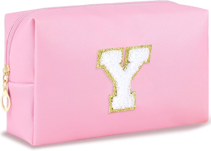URSKYTOUS Initial Makeup Bag Personalized Preppy Travel Small Cosmetic Bag Cute PU Pink Chenille Letter Makeup Pouch for Purse Waterproof Zippered Toiletry Organizer for Women Girls Kids Friends (Y)