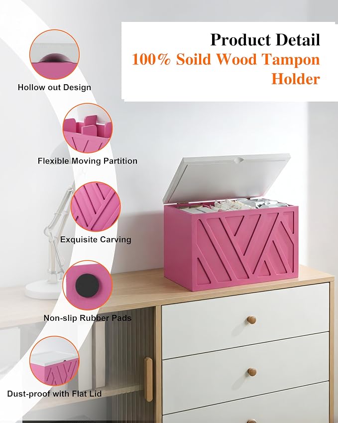 Tampon Holder for Bathroom Decor Feminine Product Organizer With Lid Shark Week Box Wooden Pad Girl Stuff Box (BLACK, lid) (1, PINK)