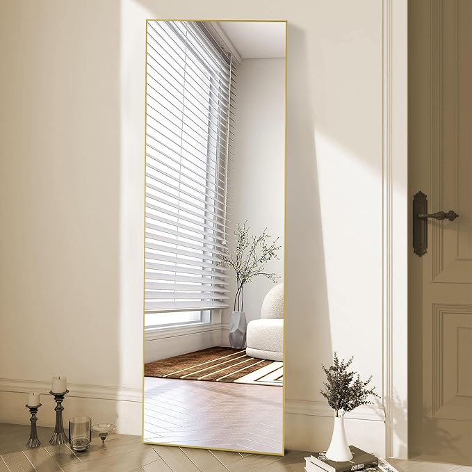 OLIXIS Full Length Mirror for Bedroom, Full Body Mirror with Stand | 68"x26" Hanging or Leaning for Wall, Aluminum Alloy Thin Frame Floor Standing for Living Room, Long, Gold