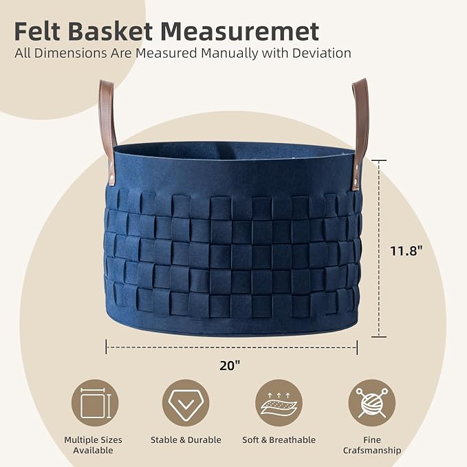 Laundry Basket 20" x20 " x11.8 ",Extra Large Round Blanket Basket with Leather Handle, Felt Storage Basket for Living Room, Nursery, Dog Toys-Navy Blue
