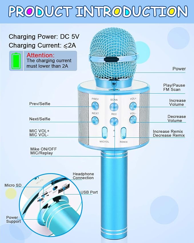 Kids Toys Age 5 6 7 8 9 10, Karaoke Microphone for Kids Popular Toys for Girl Boy Age 5-12 Birthday Gifts for Teen Girls Boys Age 5-12 Party Gift for Girl Boy Age 4-12 - Blue