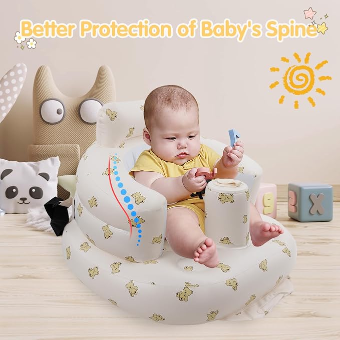EKEPE Inflatable Baby Seat with Harness for Babies 3 Months & Up, Baby Floor Chair for Sitting Up, Baby Seats for Infants, Blow Up Baby Chair with Built in Air Pump - Bear