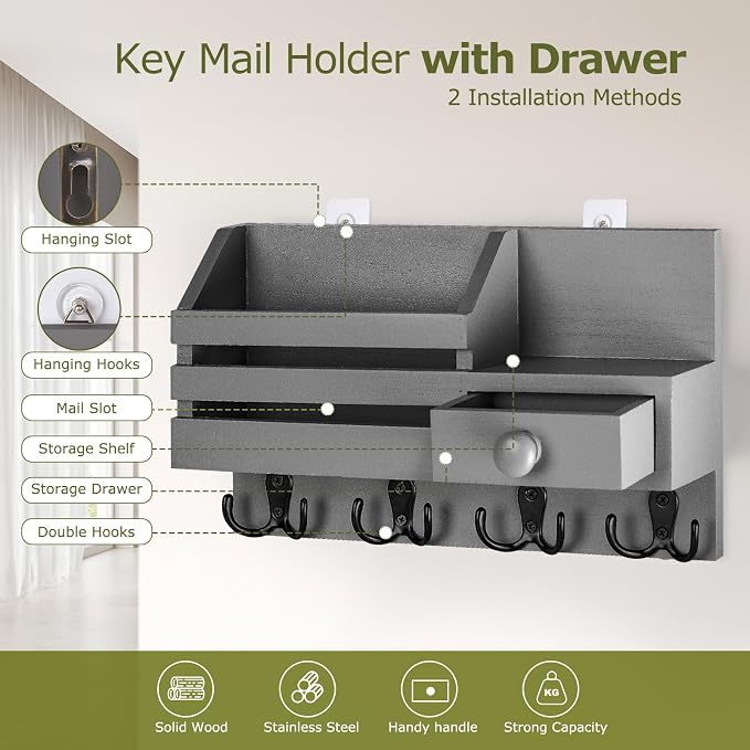 Key Holder Wall Mount, Wooden Key and Mail Organizer, Gray | 2 Mount Options, Includes 8 Hooks, Fence Mail Slot, Small Drawer and Shelf, for Entryway, Hallway, Doorway, Living Room, RV