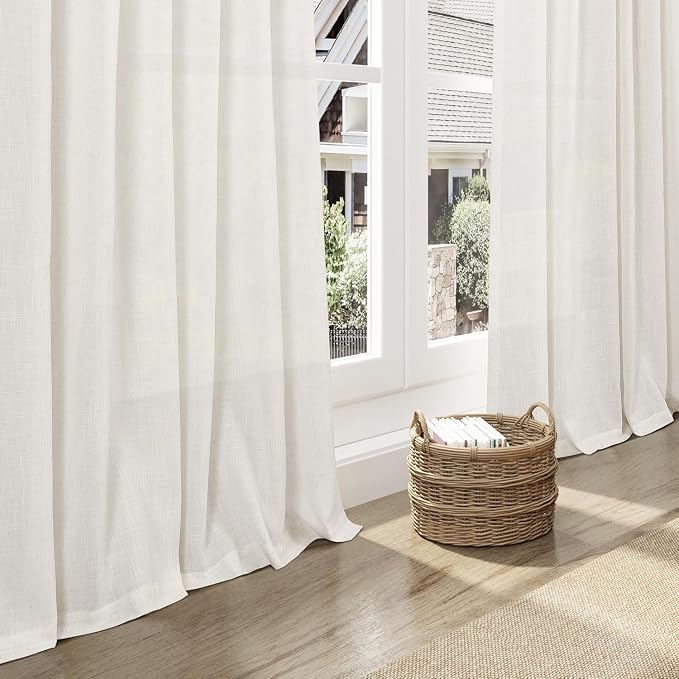 Nanspring Beige White 102 Inch Linen Curtains for Living Room Privacy Semi Sheer Curtains Back Tab and Rod Pocket Farmhouse Coastal Room Decor Curtain for Bedroom Large Window 70x102, 2 Panels
