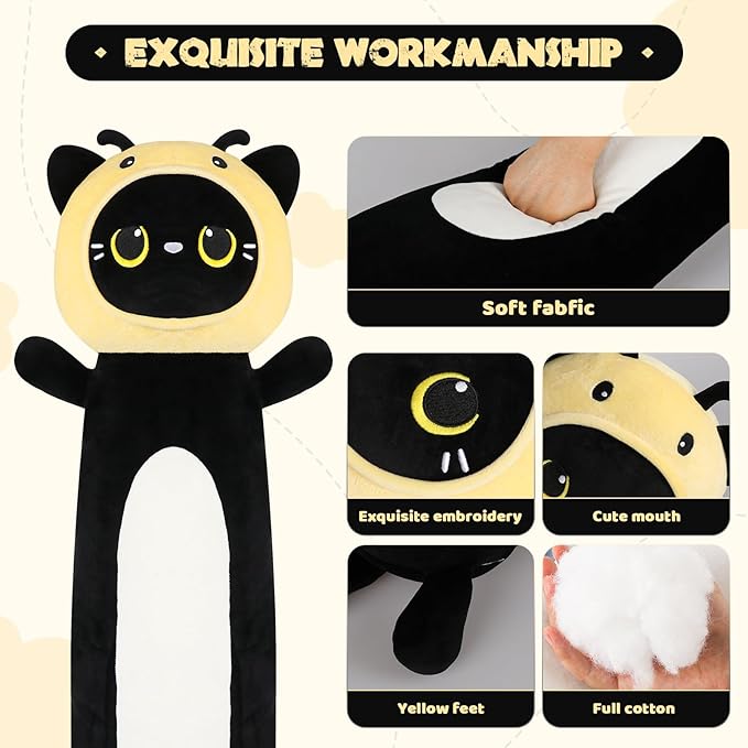 22 inch Bee Black Cat Long Plush Body Pillow Toy, Kitten Plushies with Stuffy Honeybee Oufit Big Stuffed Animals Gfit for Kids Boys Girls, Birthday