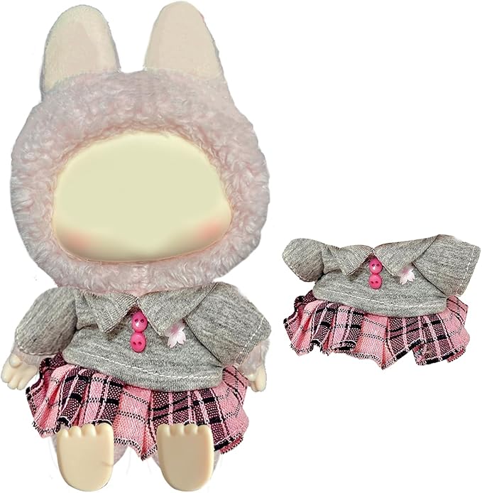 Japanese School Uniform for labubu Dolls, Gray Shirt with Plaid Skirt Outfit for labubu, Cute Anime Style Dress Compatible with popmart toys