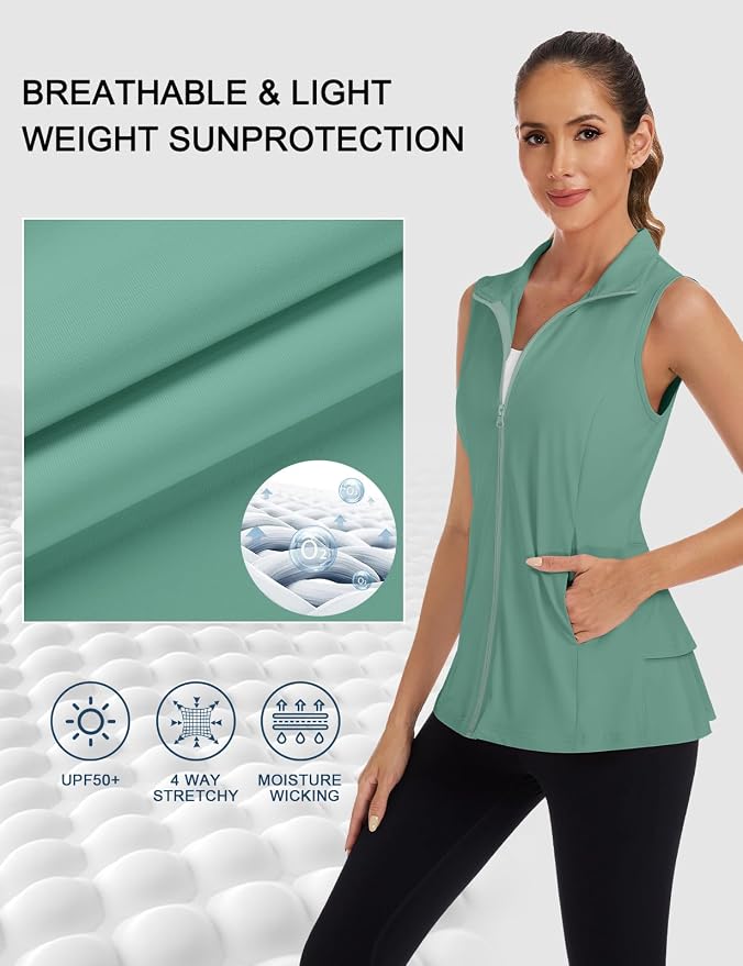 Women's Golf Vest with Pleated Tennis Skirt Hem Lightweight Full Zip Sleeveless Athletic Shirts with Pockets