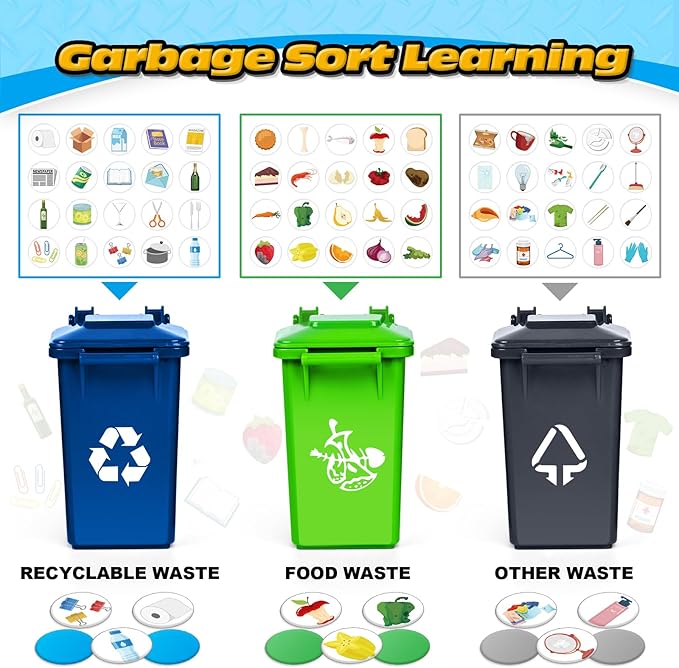 Kids Toys for 3 4 5 6 7 8 Years Old Boys, 15" Large Garbage Truck Toy, Friction Powered Garbage Recycling Truck with Lights and Sounds, 3 Trash Bins with Trash Cards, Birthday Gifts for Boys Girls